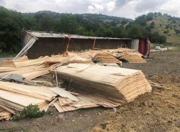 Kereste yüklü TIR devrildi: 2 kişi yaralandı